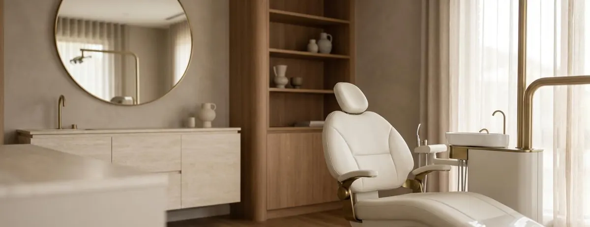 Illustrative image of a dental surgery with a treatment chair, round mirror and wooden shelving